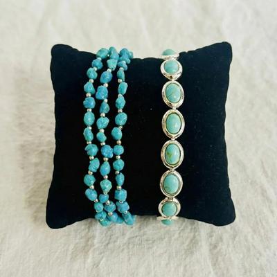 Three Strand 925 Sterling Turquoise Nugget Bracket & 925 Sterling Oval But Turquoise Bracelet 