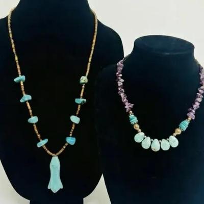 Native American Sterling Amethyst & Turquoise Necklace + Shell & Turquoise Flower Pendant Necklace 