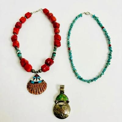 (3) Sterling Jewelry Pieces Coral Necklace, Turquoise Chip Necklace & Stone Pendant