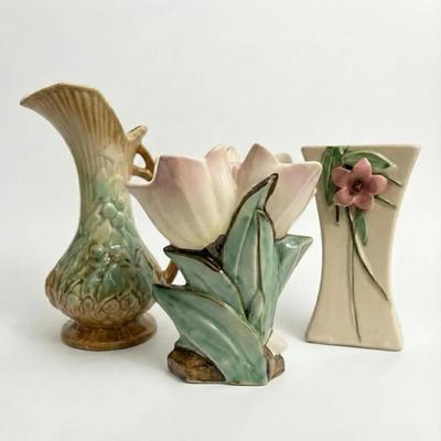 McCoy Floral Pottery Vases & Vineyard Design Handled Pitcher 