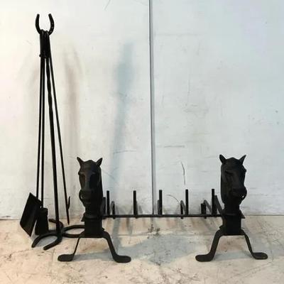 Cast Iron Horse head Andirons, Fireplace Grate, & Tools
