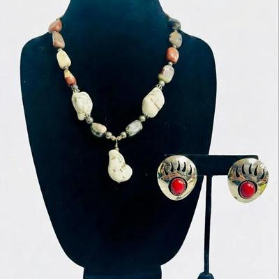 Sterling Howlite Nugget Necklace & Bear Claw Coral Stone Nickel Earrings