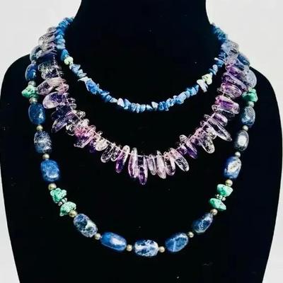 Charlene Li 925 Sterling Lapis Lazuli & Turquoise Necklaces + Amethyst Nugget  Necklace 