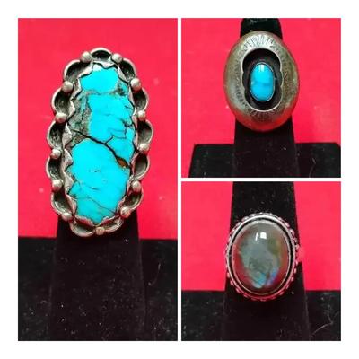 (3) Sterling, Turquoise and Labradorite Rings
