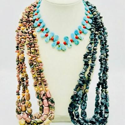3 Strand Rhodochrosite & Snowflake Obsidian Necklaces + Turquoise & Red Coral Necklace 