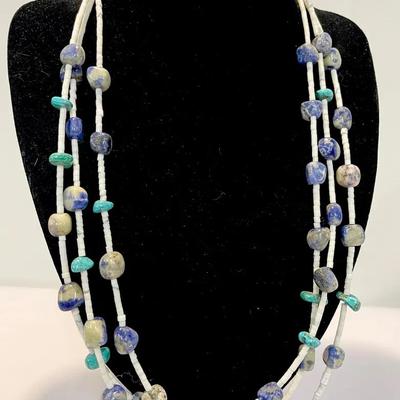 3 Strand Native American Necklace W/ Sterling, Sodalite, Turquoise And White Heishi Beads 25”