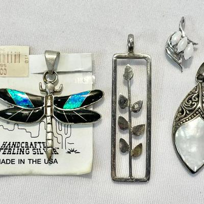 Four Sterling Pendants W/ Opal, MOP And Onyx 