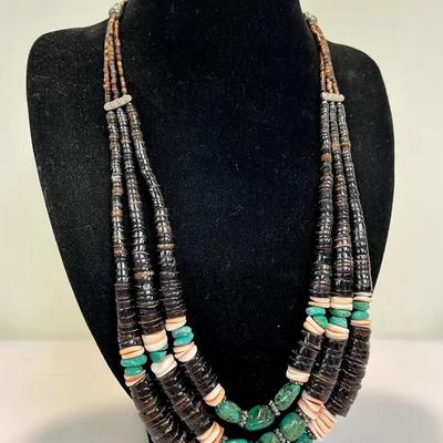 Authentic Navajo 3 Strand Graduated Heishi, Spiny Oyster & Turquoise Necklace