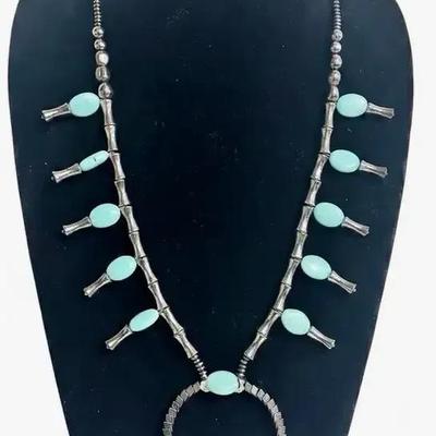 Navajo Squash Blossom Sterling, Turquoise and Hematite Necklace 