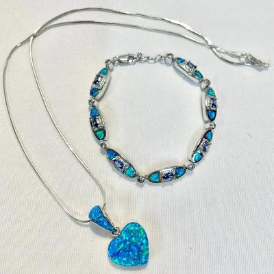 2 Sided Sterling, Opal & Kingman Turquoise Heart Pendant W/ Fire Opal & Amethyst Bracelet (19.3g)