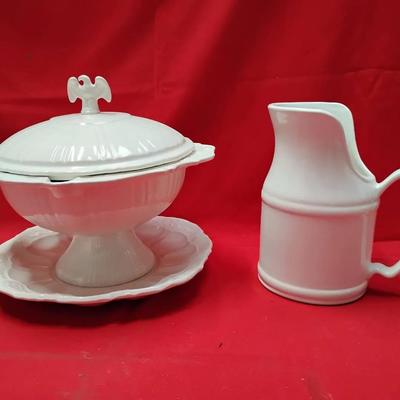 Vintage Ironstone White Tureen & Pitcher Lot – 2 Piece Set