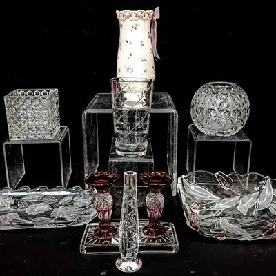 Decorative Glass & Porcelain Group – Lenox Posy Baskets Vase, Cut Crystal & More