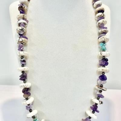 Sterling, Howlite, Amethyst & Heishi Shell Necklace By Navajo Artist Charlene Little