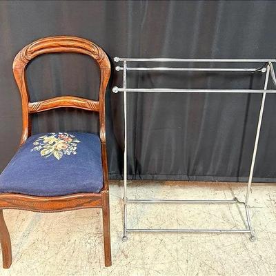 Vintage Wooden Side Chair with Needlepoint Seat + Chrome Towel Bar