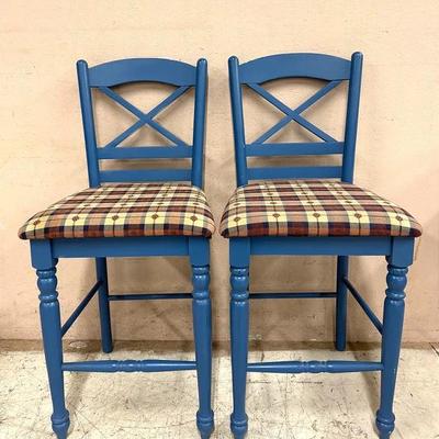 Blue Painted Wooden Dining Chairs with Upholstered Seats (Pair)
