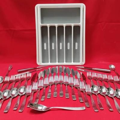 Mikasa Satin Loft Flatware Set - Service for 12 + Marco Almond Knives & Tray