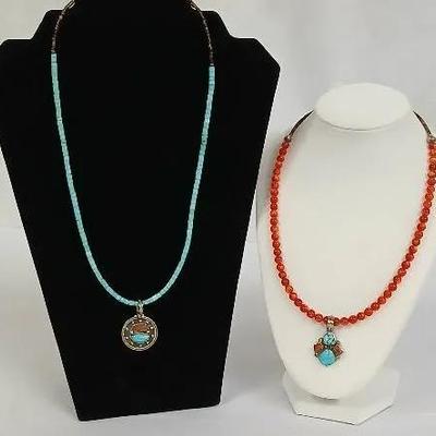 Red Coral  Turquoise Necklaces w Heishi