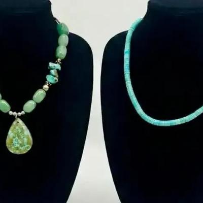 Native American Sterling Turquoise Tear Drop Pendant Necklace & Heishi Bead Necklace 