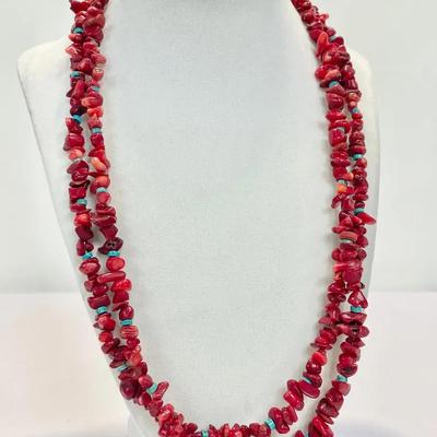 Rich Sterling Multi-strand Coral And Turquoise Beaded Necklace 22” 