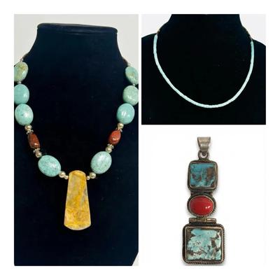 Native American 925 Sterling silver Turquoise necklaces + Coral & Turquoise 925 pendant 