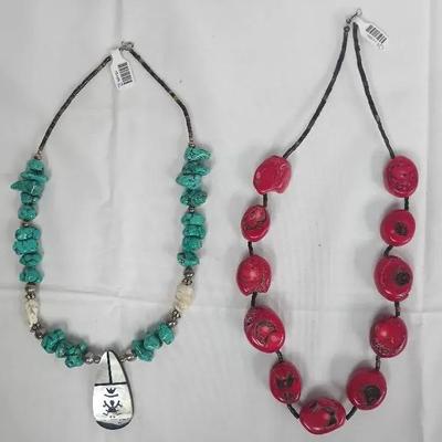Native American Turquoise Nugget Necklace w/Inlay Pendant & Chunky Coral Necklace
