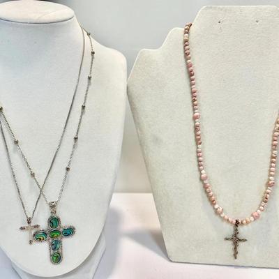 (3) Sterling Cross And Rosary Pendant Necklaces 