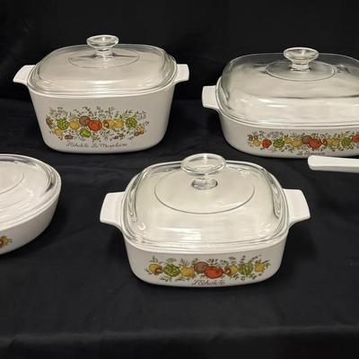413: Vintage CorningWare Cookware Set – Vegetable Pattern – 5 Pieces w/ Glass Lids