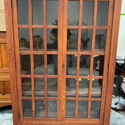 566: Antique Mission-Style Oak Glass Door Cabinet