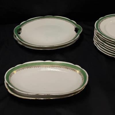 415: Imperial Crown China Austria Green & Gold Dinnerware Lot – Plates & Serving Pieces