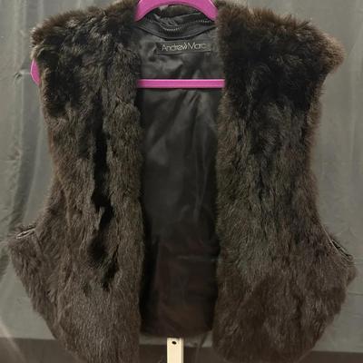 410: Andrew Marc Black New Zealand Opossum Fur Vest – Feather Trim – Leather Collar
