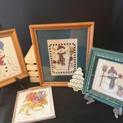 Mixed Lot Christmas Snowman Cross Stitch Picture And Ornament