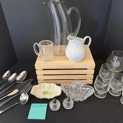 Variety Lot Of Stemware Salt And Pepper Shaker Serving Dishes And Flatware