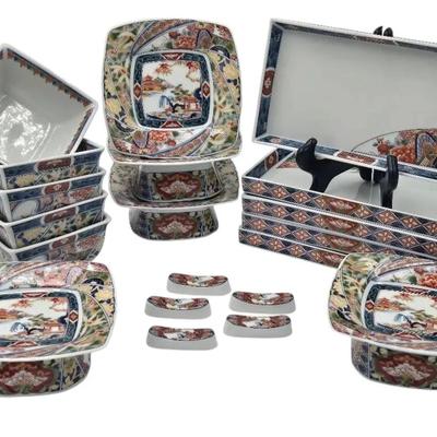 Vintage Japanese Imari Sashimi Plates, Rice & Soup Bowls #1