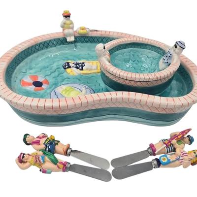 Bathing Beauties Chip-n-Dip Bowl & Cheese Knives 