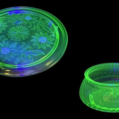 Uranium Glass Cake Plate 10"  & Bowl