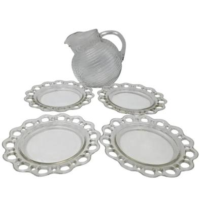 Vintage Depression Glass Tilted Pitcher & Clear Glass Plates