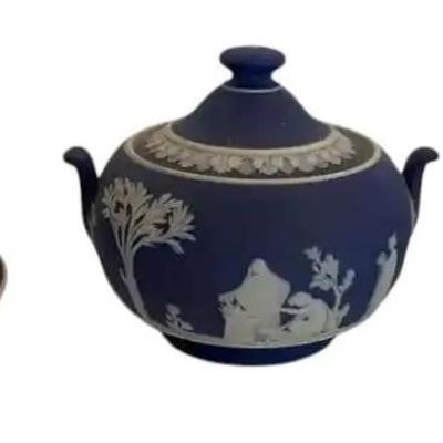 Wedgwood Dark Blue Jasperware Creamer, Sugar And Tea Cup W/saucer