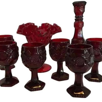 Red Fenton Candy Dish 6 Cape Cod Avon Mini Goblets & Candlestick 
