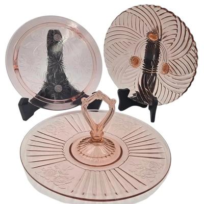 Footed and Handled Pink Depression Glass Pieces