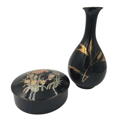 Vintage Japanes Gold Trimmed Tricket Box & Vase