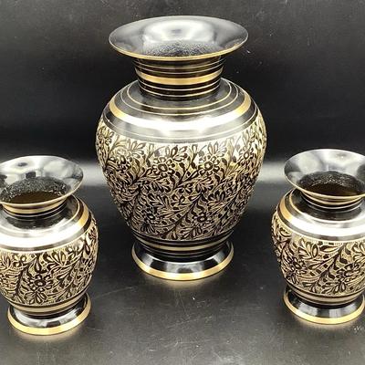 Vintage Deco Style Brass Vases With Etched Floral Design