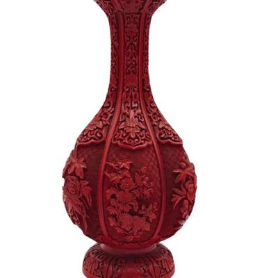 Vintage Chinese Cinnabar Lacquer Enamel Brass Vase 13"