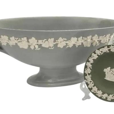 Wedgwood Gray Queensware Dish and Sage Green Jasperware Pieces
