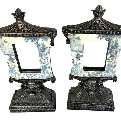Pair Of Resin Mirrors With Pewter Finish And Blue And White French Country Scene