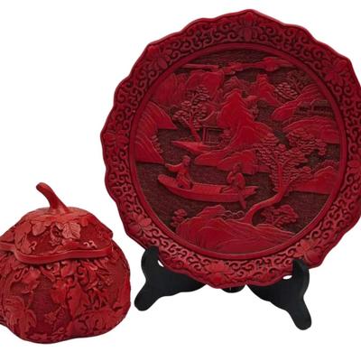 Chinese Cinnabar Lacquerware Plate & Trinket Box