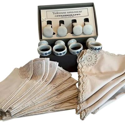 8 Pfaltzgraff Napkin Rings, 8 Ecru Napkins 4crocheted- Edges Napkins