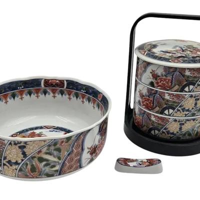 Hand Painted Japanese Imari Bento Box, Bowl & Stand