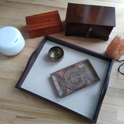 Lot of various decor including salt rock lamp