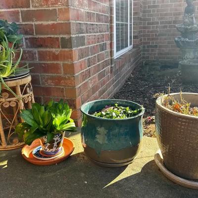 Variety of Pots and Plants, Wicker Plant Stand(15”x 8” circ)