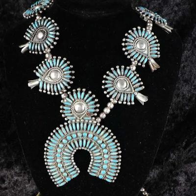 Heavy Navajo Sterling Silver Turquoise Squash Blossom Necklace - S.M. Bahe (192.6g)